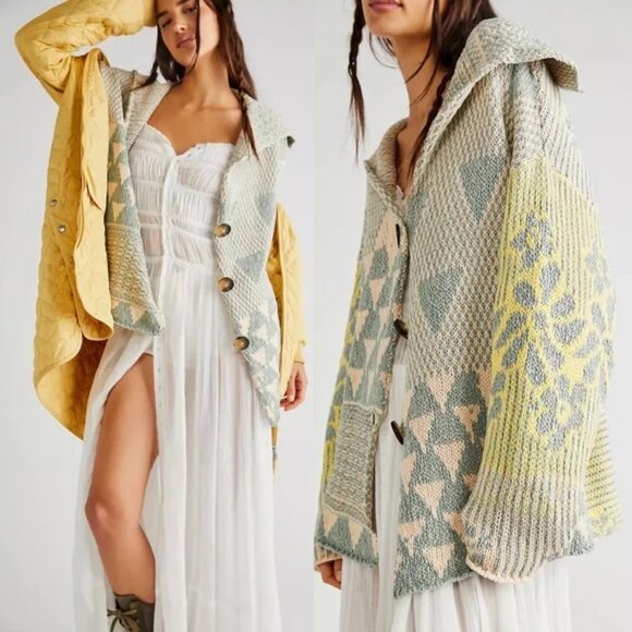 Free People Sweaters - Free People Tate Knit Cardi Cardigan Sweater XL Sage Sunshine Combo $168 Slouchy